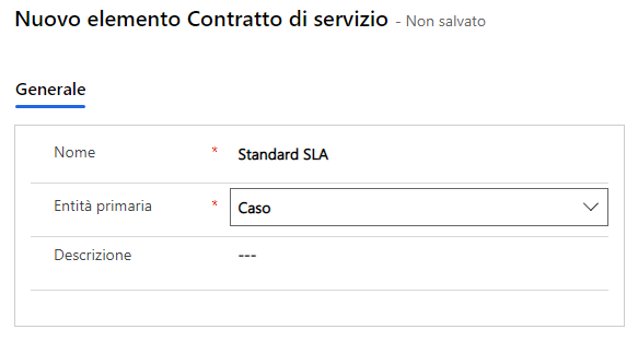 Screenshot della finestra di dialogo del nuovo contratto di servizio che mostra il contratto denominato Standard.