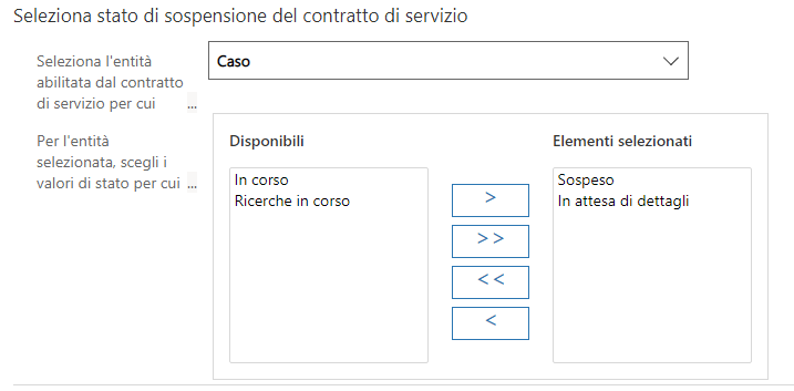 Schermata di Seleziona stato di sospensione del contratto di servizio in cui sono visibili gli stati Disponibile e Selezionato.