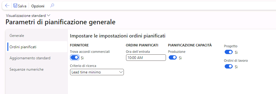 Screenshot della pagina Impostare le impostazioni ordini pianificati.