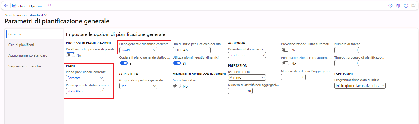 Screenshot della pagina Parametri di pianificazione generale con il gruppo di campi Piani evidenziato.