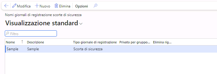 Screenshot della pagina Nomi giornali di registrazione scorte di sicurezza.