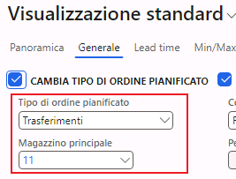 Screenshot del campo Tipo di ordine pianificato aggiornato a Trasferimento.