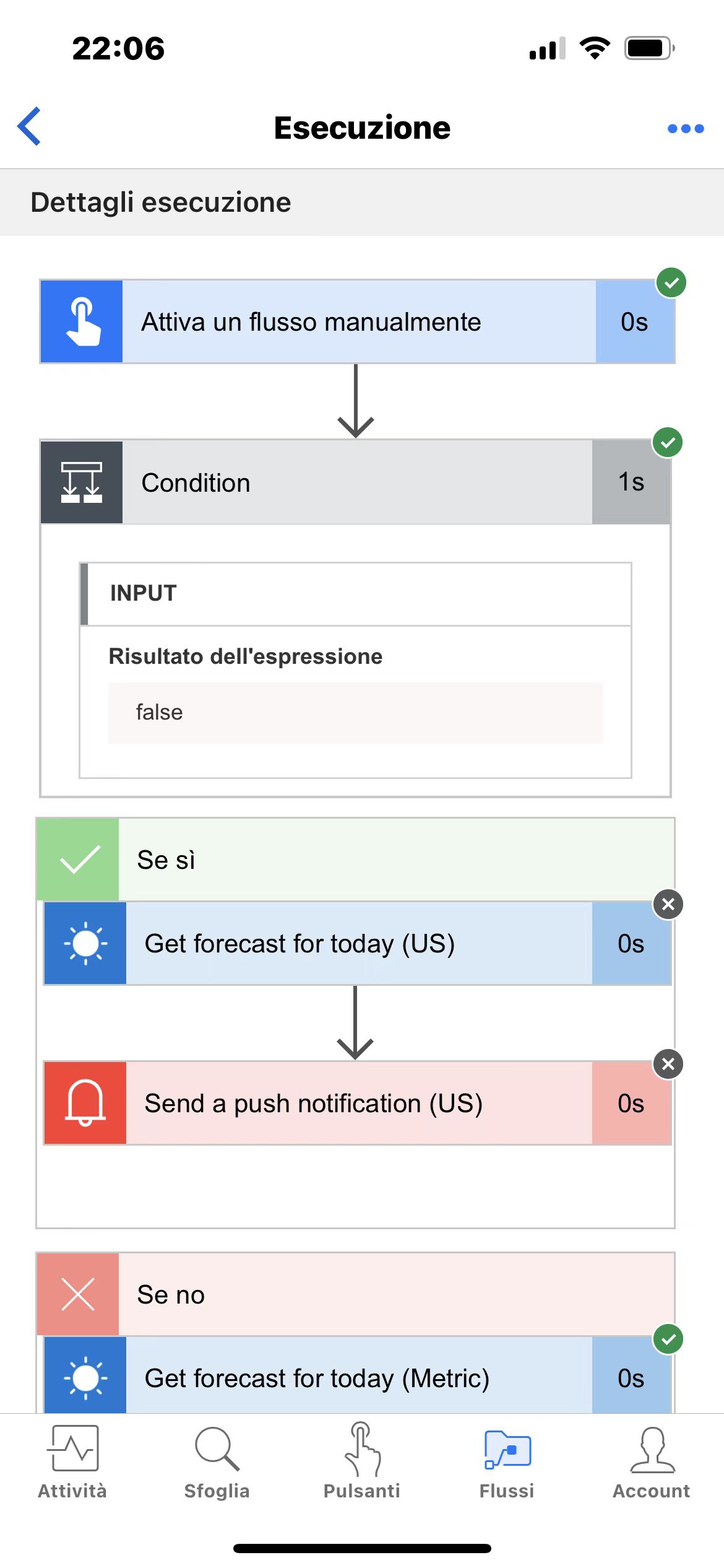 Screenshot dei dettagli di esecuzione del flusso nell'app per dispositivi mobili.