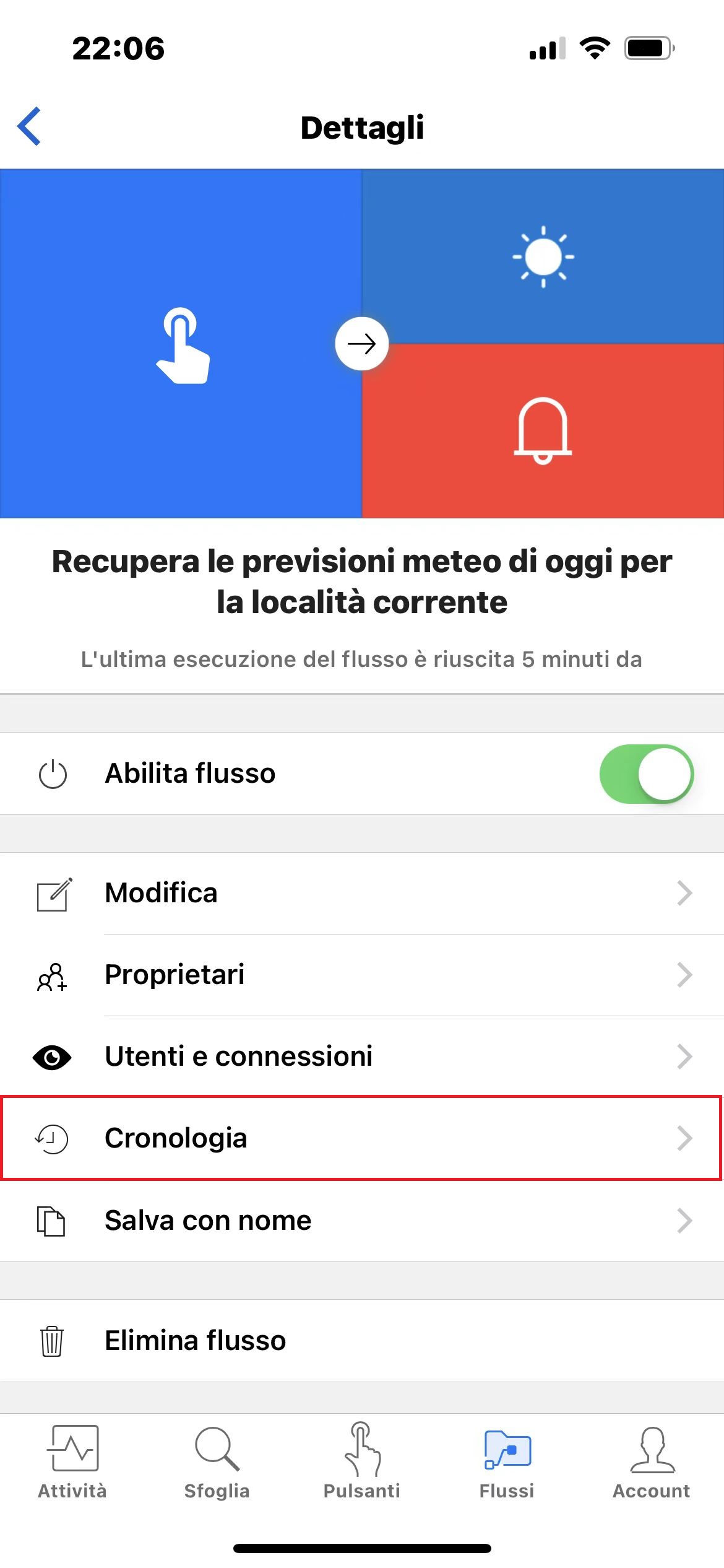 Screenshot della schermata Dettagli con l'opzione Cronologia evidenziata nell'app per dispositivi mobili.