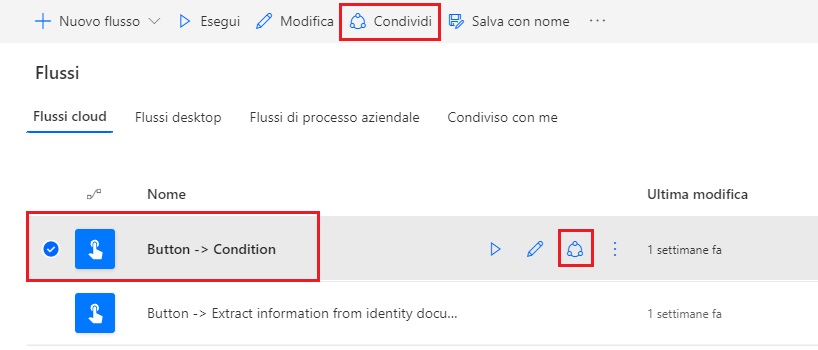 Screenshot dell'elenco dei flussi dell'opzione Condividi.