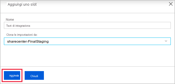 Screenshot of naming a new deployment slot and choosing whether to clone settings in the Azure portal.