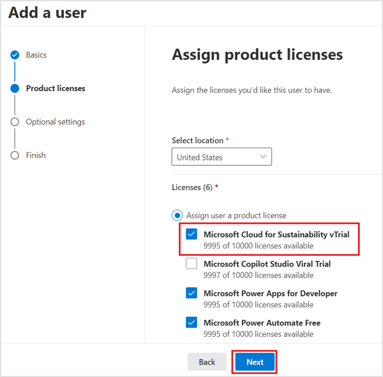 Screenshot of the Assign product licenses page with the trial license selected for the user.