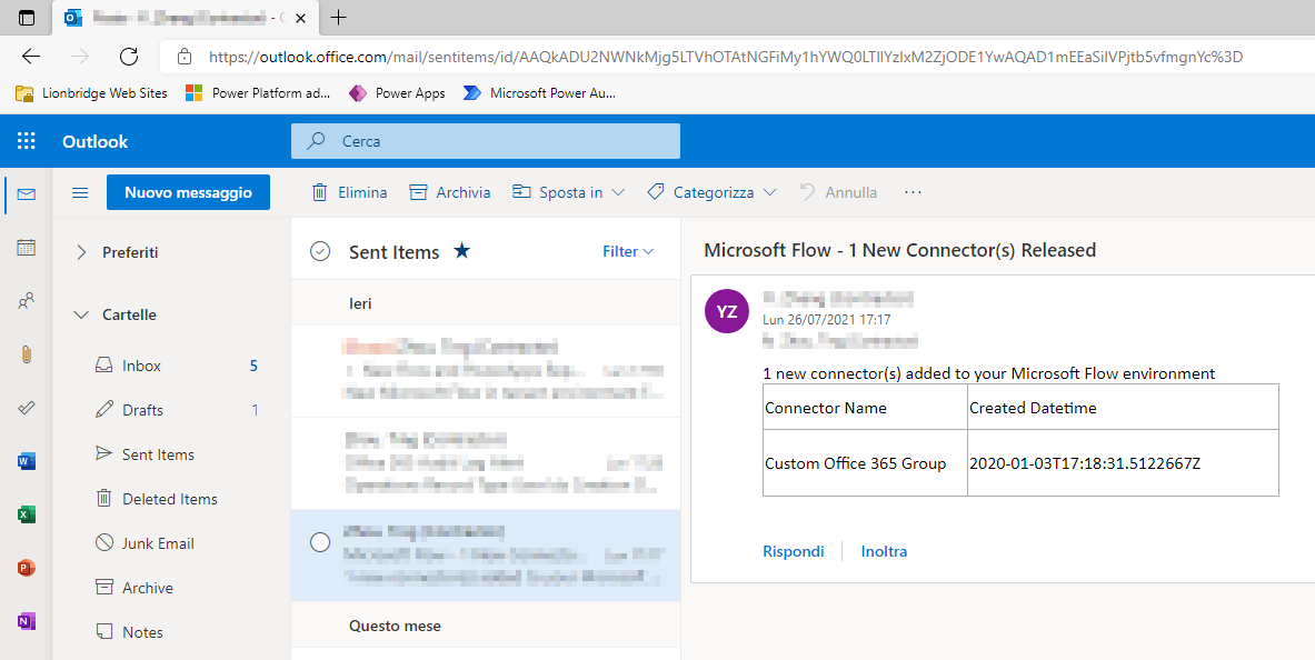 Screenshot di Outlook con il messaggio e-mail di esempio.