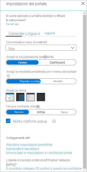 Screenshot del riquadro delle impostazioni del portale di Azure.