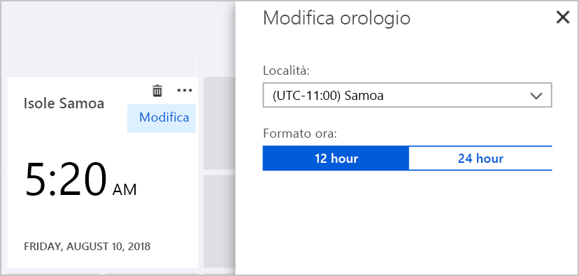 Screenshot con le impostazioni di modifica dell'orologio per il riquadro dell'orologio nel portale di Azure.