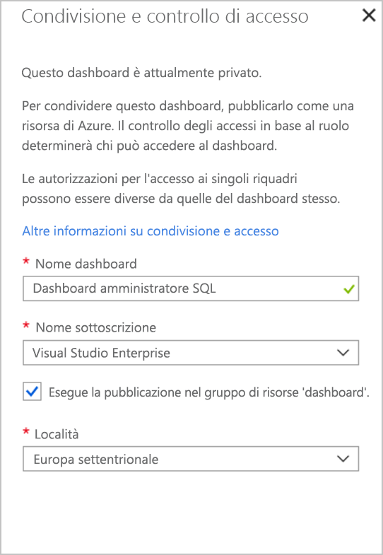 Screenshot del riquadro di condivisione e controllo di accesso prima della condivisione di un dashboard.