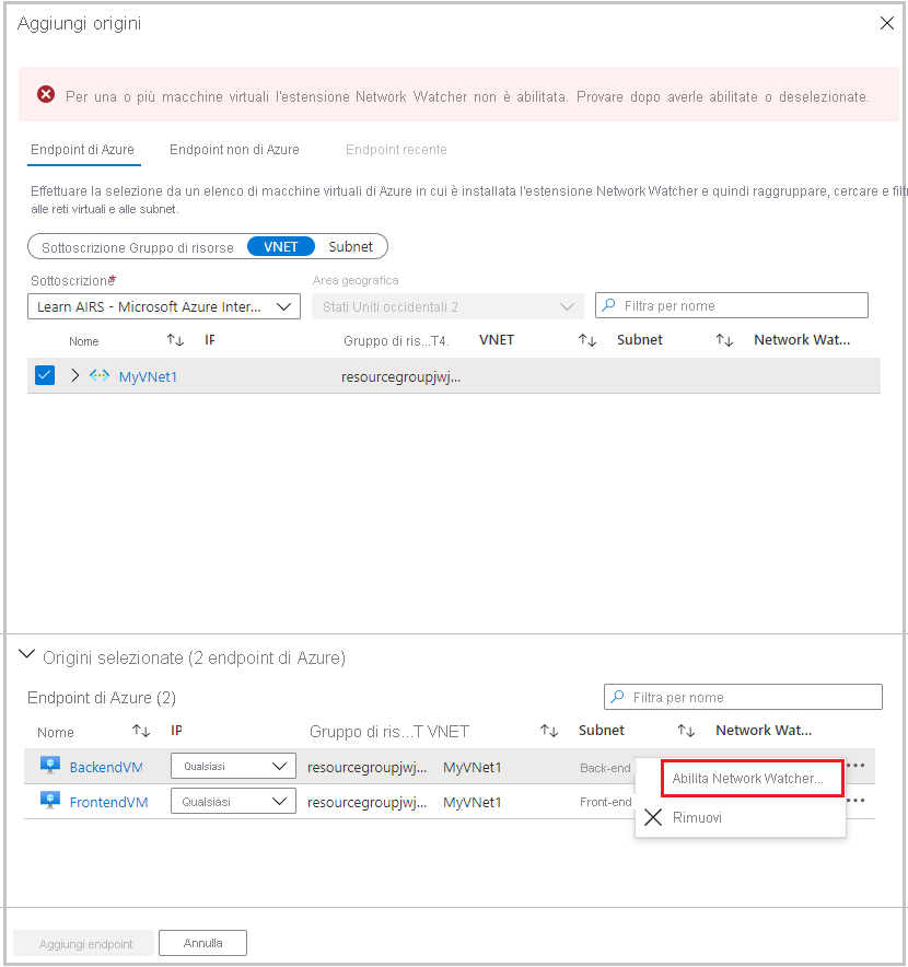 Screenshot che mostra l'abilitazione della subnet back-end di Network Watcher.