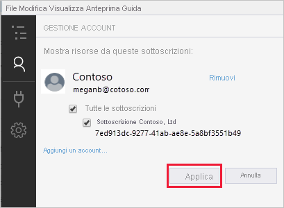 Screenshot che mostra il pannello di gestione degli account dopo aver eseguito l'accesso a un account Azure.