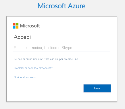 Screenshot che mostra la pagina di accesso ad Azure.