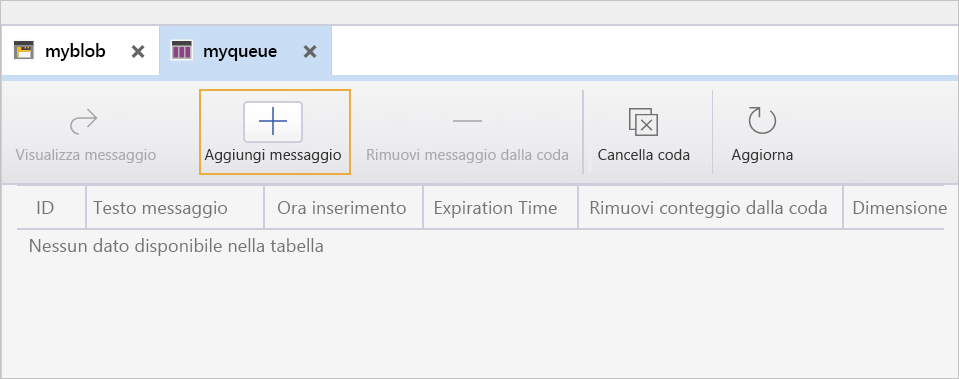 Screenshot che mostra il contenuto e i dettagli del nuovo contenitore BLOB myblob.