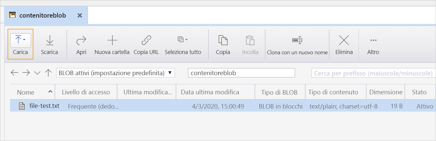 Screenshot che mostra il file nell'account di archiviazione.