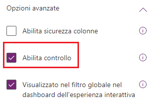 Screenshot della casella di controllo Abilita controllo per una definizione di tabella.