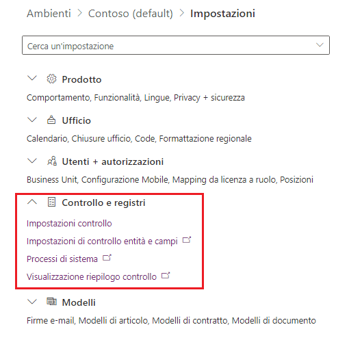 Screenshot delle impostazioni dell'ambiente per Controllo e registri.