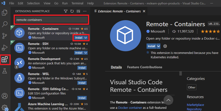 Screenshot della raccolta di estensioni di Visual Studio Code che presenta l'estensione Dev Containers.