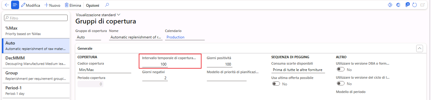 Screenshot della pagina Gruppi di copertura che mostra il campo Intervallo temporale di copertura (giorni).