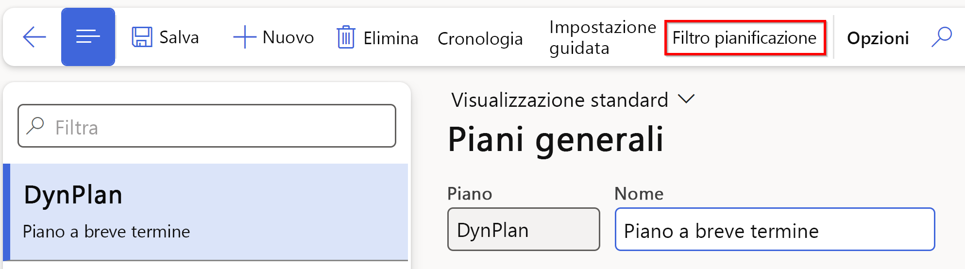 Screenshot della pagina Piani generali con evidenziata la scheda Filtro piano.