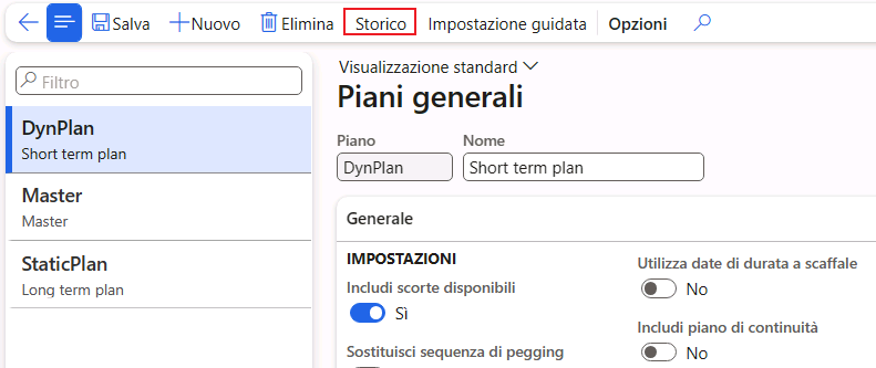 Screenshot della pagina Cronologia piani generali.