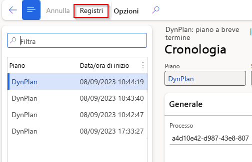Screenshot della pagina Registri nel menu del riquadro Azioni.