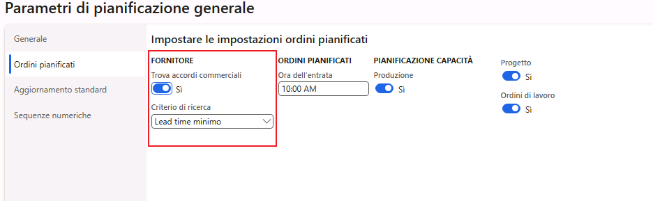  Screenshot della pagina dei parametri della pianificazione generale.