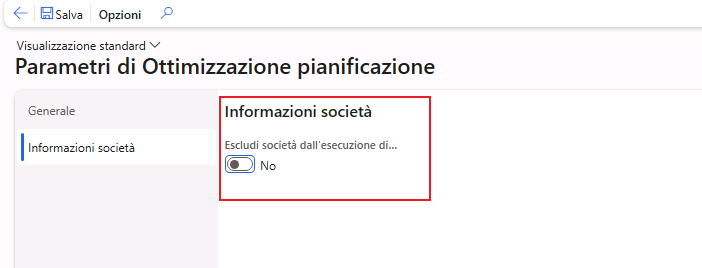  Screenshot della pagina dei parametri di Ottimizzazione pianificazione per Informazioni società.