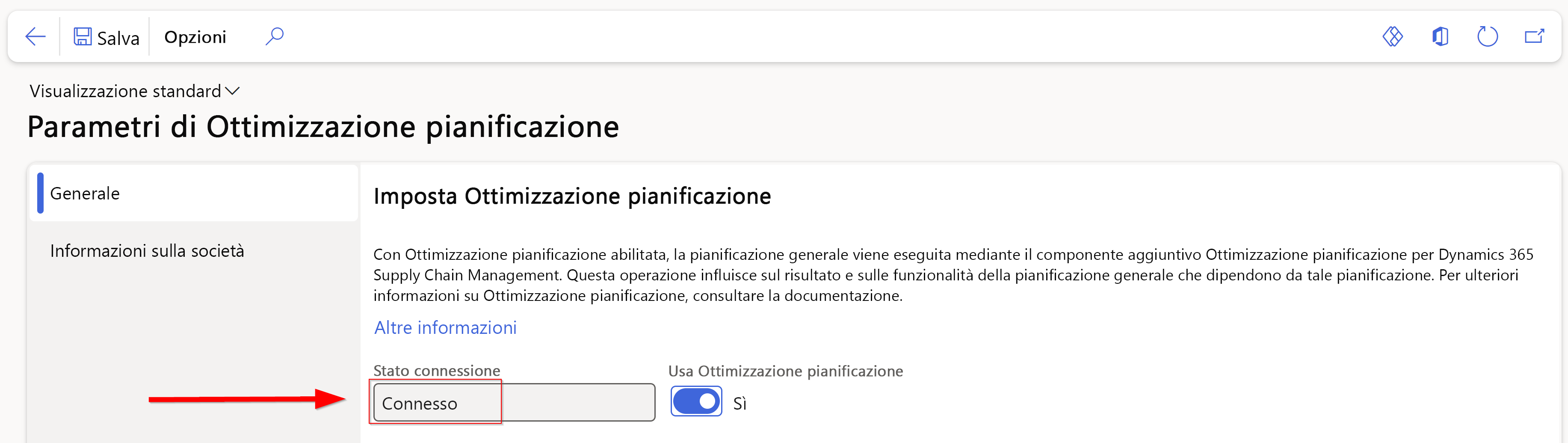  Screenshot della pagina Parametri di Ottimizzazione pianificazione.