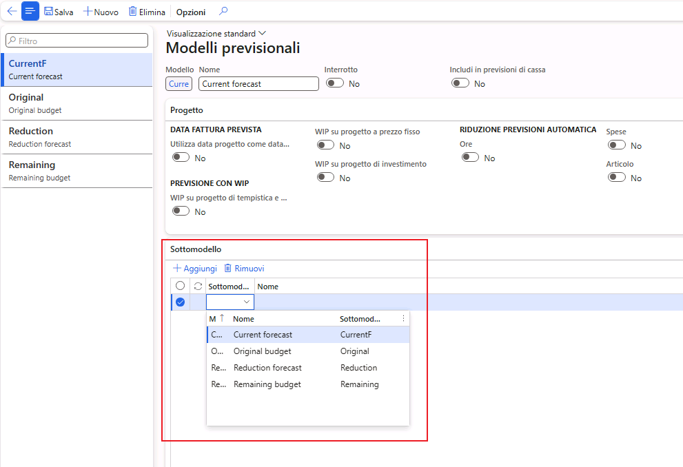 Screenshot di sottomodelli nella pagina Modelli previsionali.