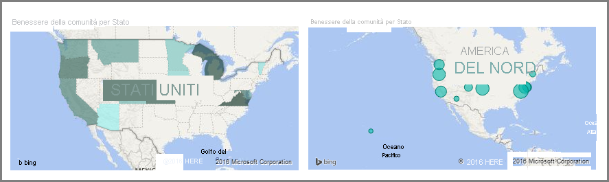 Immagine delle visualizzazioni di tipo mappa a bolle e contorno.