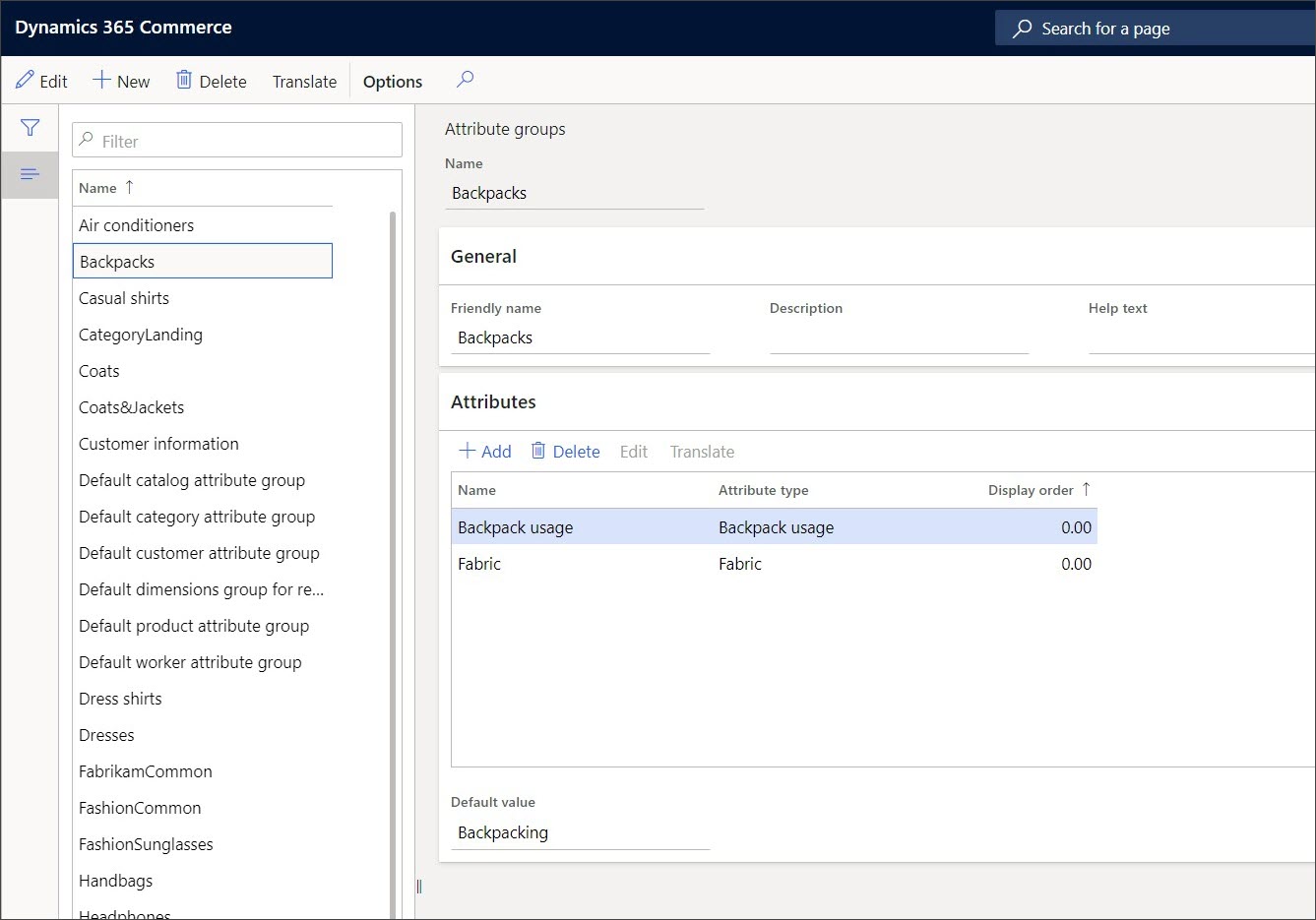 Screenshot della pagina Gruppi di attributi di Dynamics 365 Commerce.