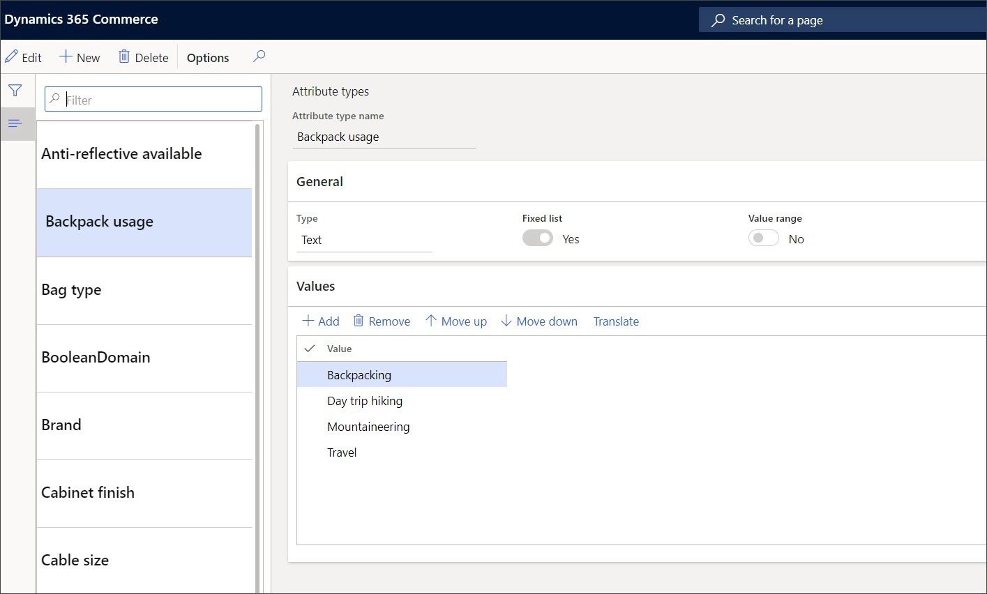 Screenshot della pagina Tipi di attributo di Dynamics 365 Commerce.