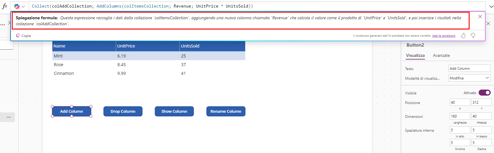 Screenshot della spiegazione della formula.