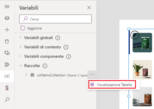 Screenshot che mostra il menu Variabili con le raccolte espanse e il pulsante Visualizza tabella evidenziato.