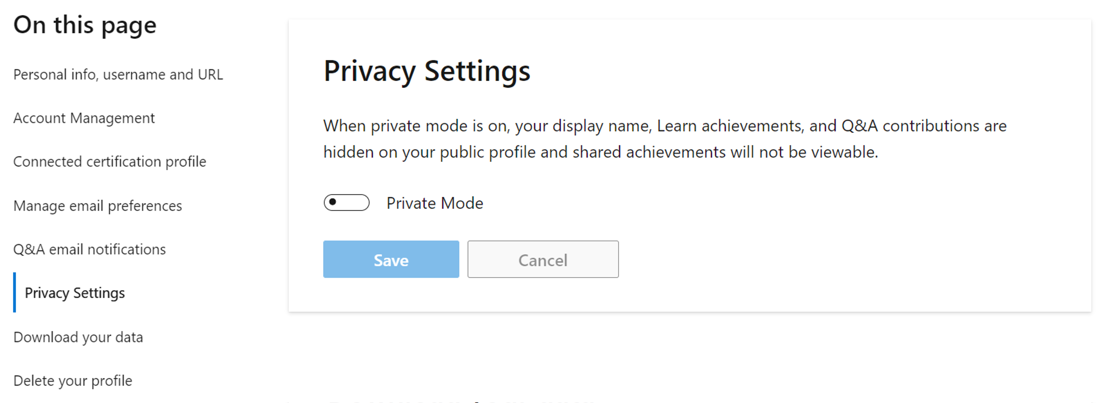 Screenshot della sezione Impostazioni di privacy nelle impostazioni del profilo di Microsoft Learn.