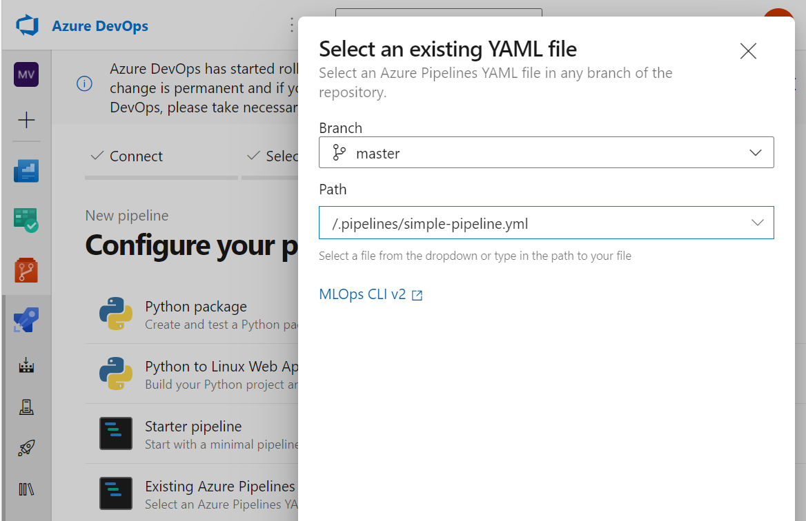 Screenshot della configurazione della pipeline in Azure DevOps.