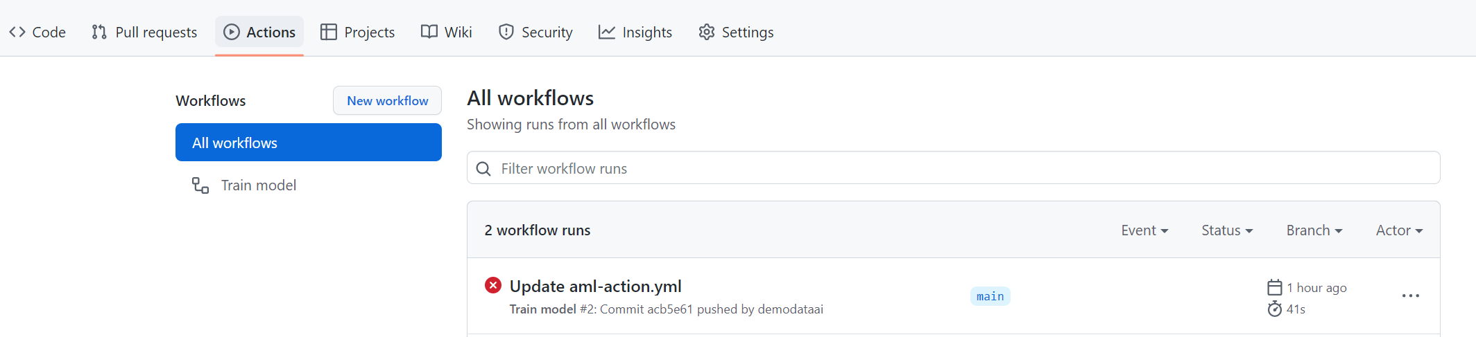 Screenshot della panoramica di GitHub Actions.