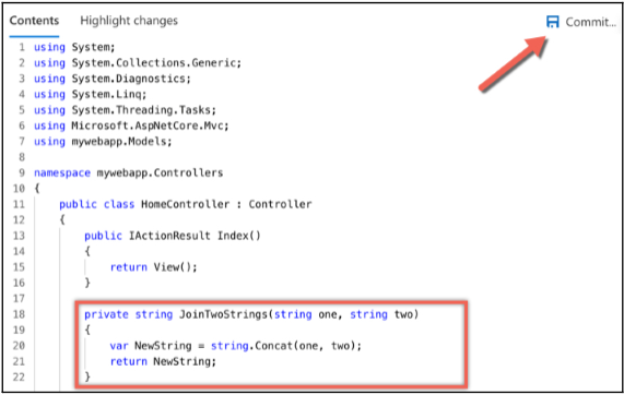 Modificare il codice e il commit.