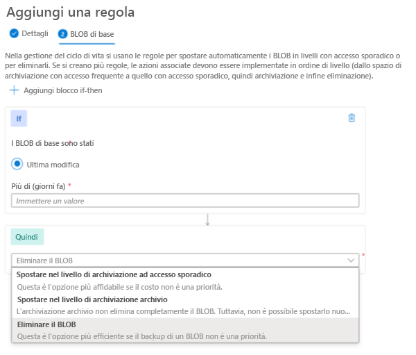 Screenshot che mostra come aggiungere una regola dei criteri di gestione del ciclo di vita per i dati BLOB nel portale di Azure.