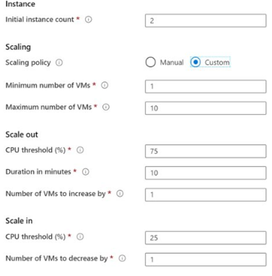 Screenshot delle impostazioni per la configurazione delle istanze di macchina virtuale e della scalabilità automatica nel portale di Azure.