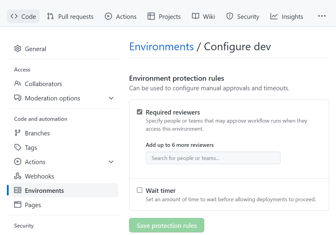 Screenshot del controllo dell'approvazione della configurazione per l'ambiente GitHub.