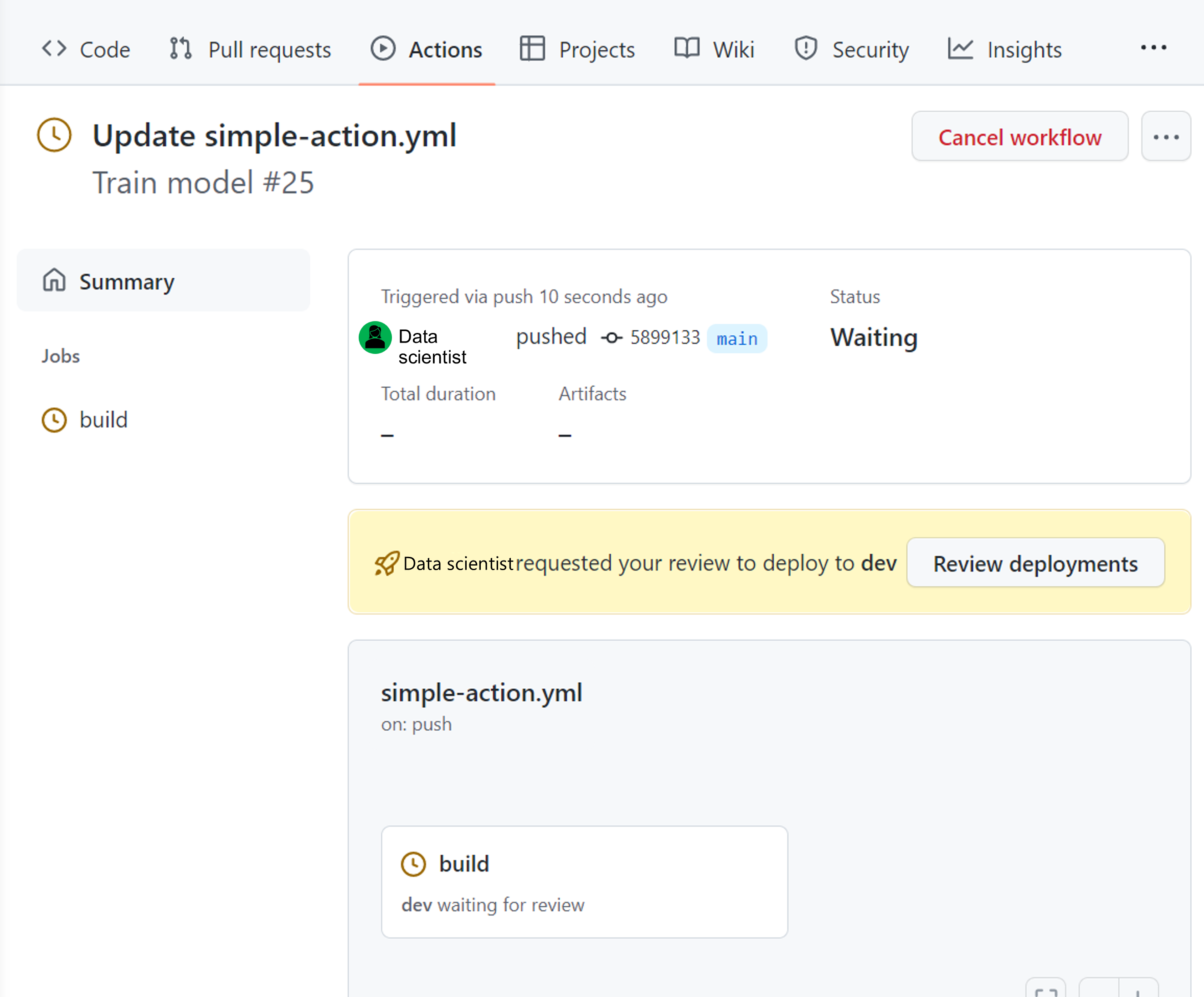 Screenshot dell'approvazione richiesta in GitHub Actions.