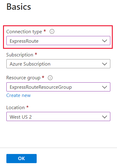 Azure portal - create connection basics tab