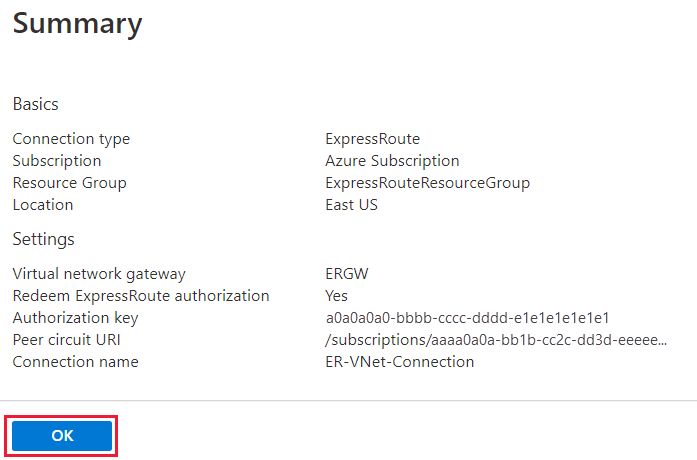 Azure portal - create connection summary