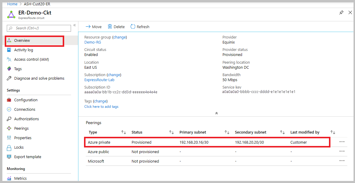 Azure portal - view peering status