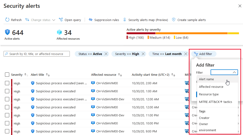 Screenshot dell'aggiunta di filtri alla visualizzazione avvisi.