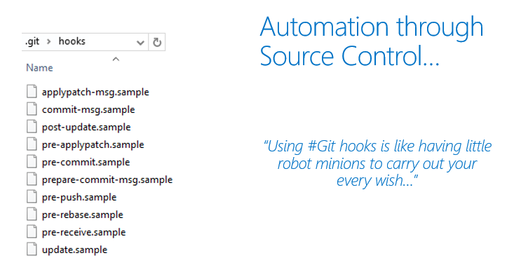 Screenshot dei file di hook Git per l'automazione.