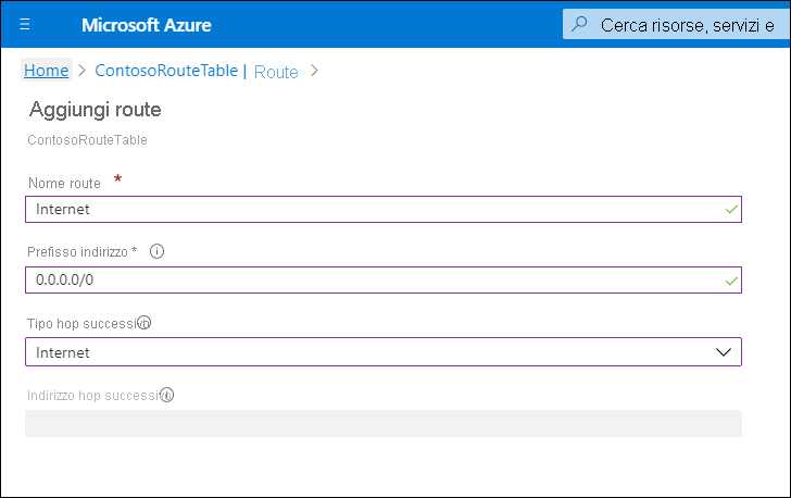 Screenshot della pagina Aggiungi route nel portale di Azure. L'amministratore ha definito il nome della route come Internet, il prefisso dell'indirizzo come 0.0.0.0/0 e il tipo hop successivo come Internet. 